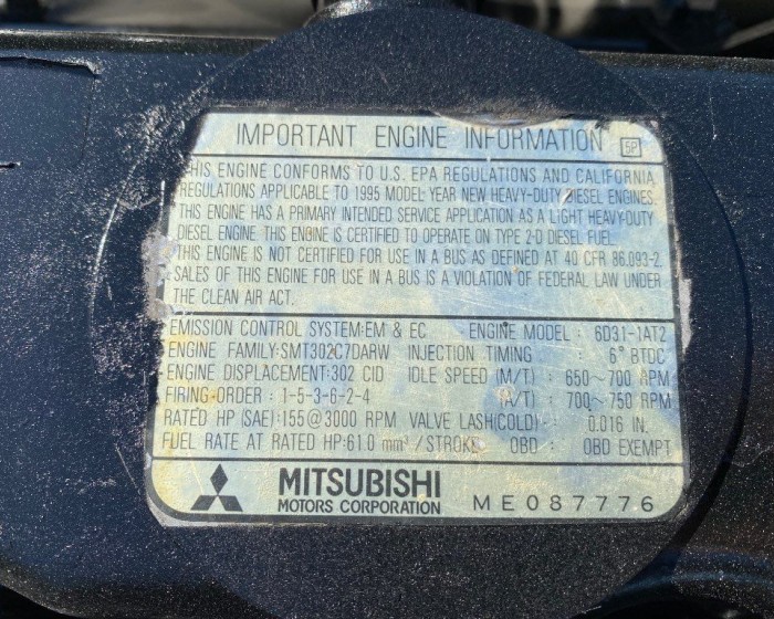1995 MITSUBISHI 6D31-1AT2 ENGINE 155 HP