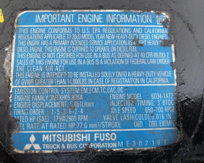 2003 MITSUBISHI 6D34-1AT2 ENGINE 175HP