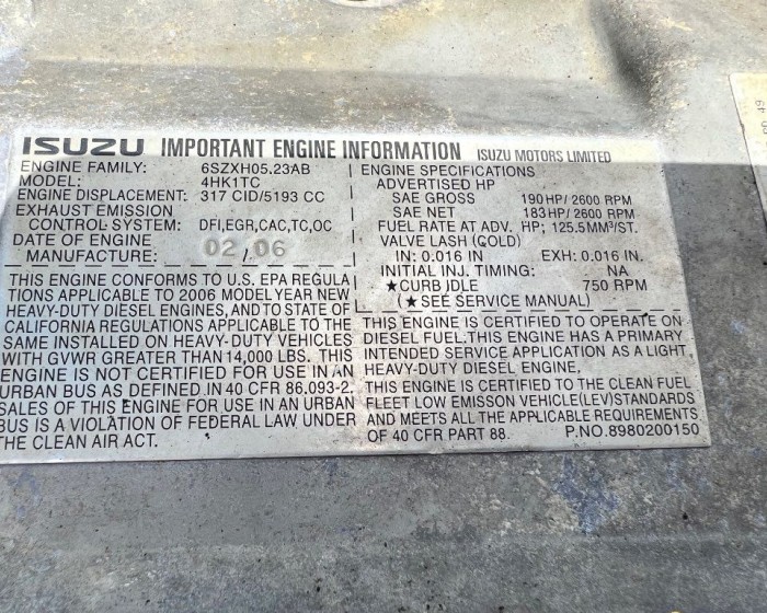 2006 ISUZU 4HK1TC ENGINE 190HP